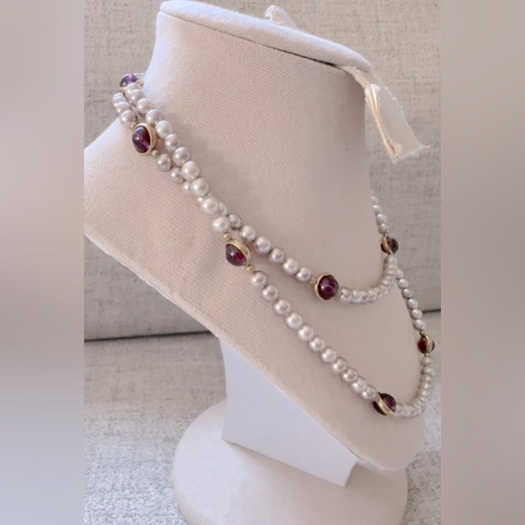 Silver pearls w purple cateye beads opera length necklace beautiful vintage - Picture 3 of 7